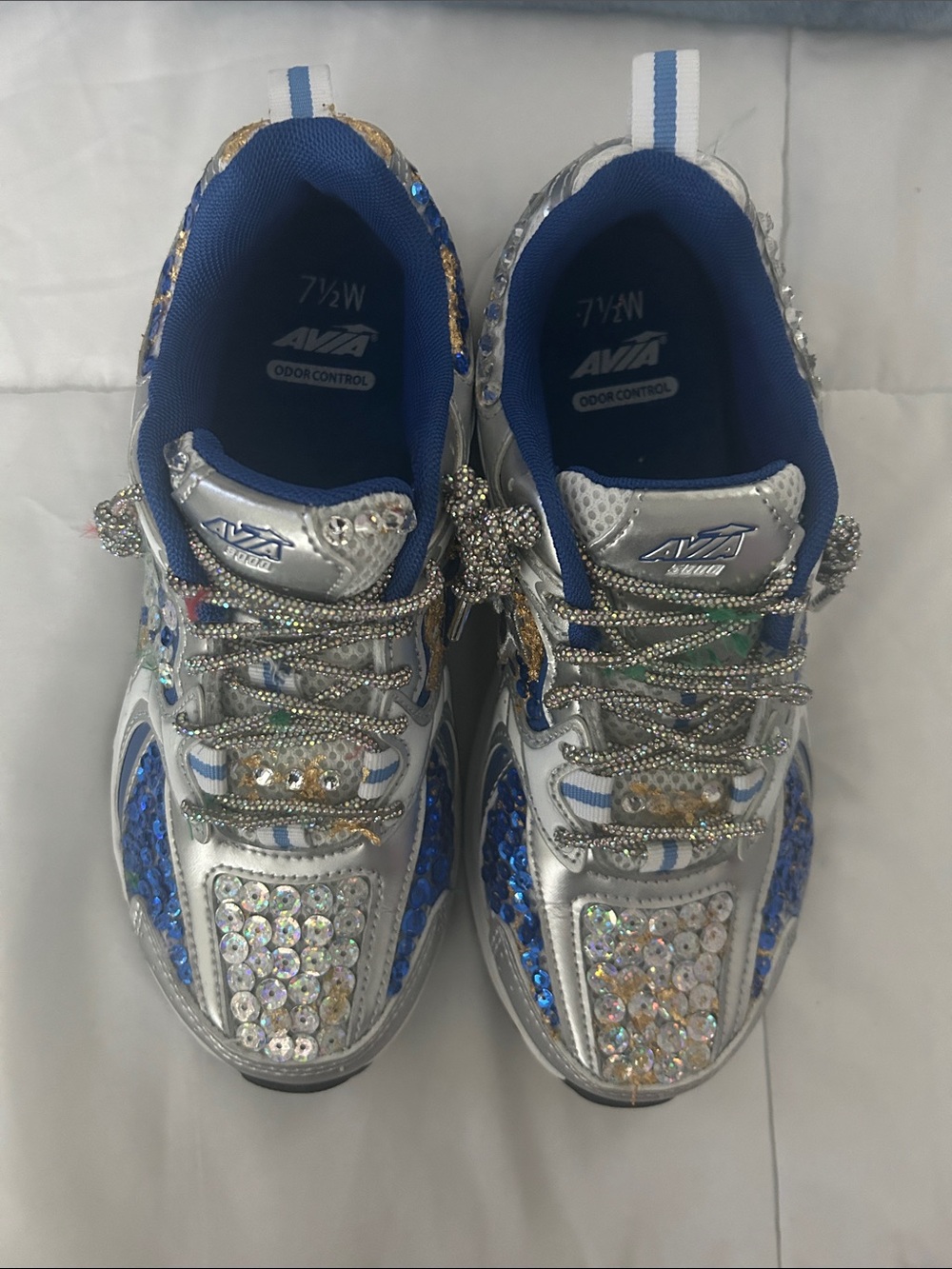 Avia Silver and Blue Sequin Women’s size 7.5 Sneakers with Rhinestone Accents